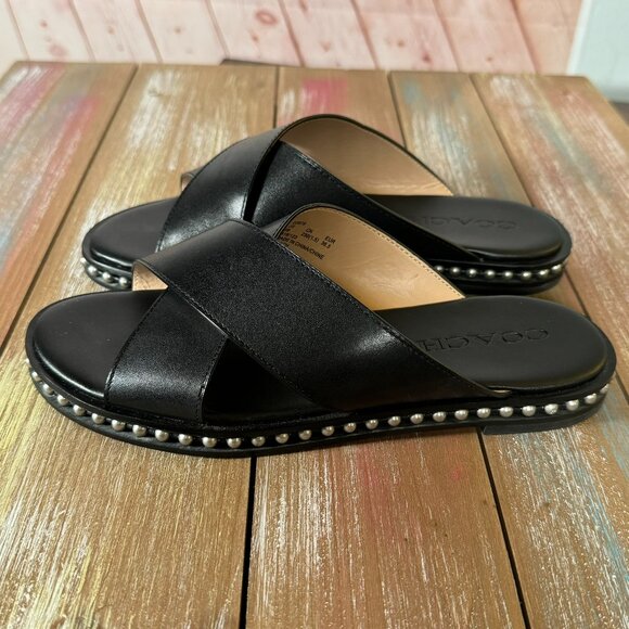 COACH Hailey Black Leather Bead Chain Studded Slide Sandals - US 6 - Picture 3 of 16